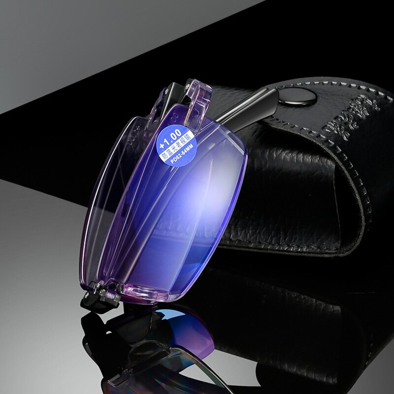 Smart zoom glasses folding diamond cut edge anti-blue reading glasses male frameless TR90 reading glasses portable box