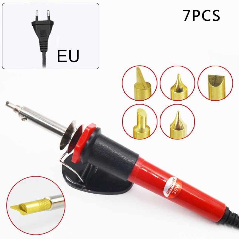 28 Uds. Herramienta de grabado de pirograbado de hierro de soldadura ajustable, pluma de grabado en relieve de madera, conjunto de puntas de soldadura, Kit de puntas de soldadura, enchufe EU/US/UK: EU Plug 220V 7pcs