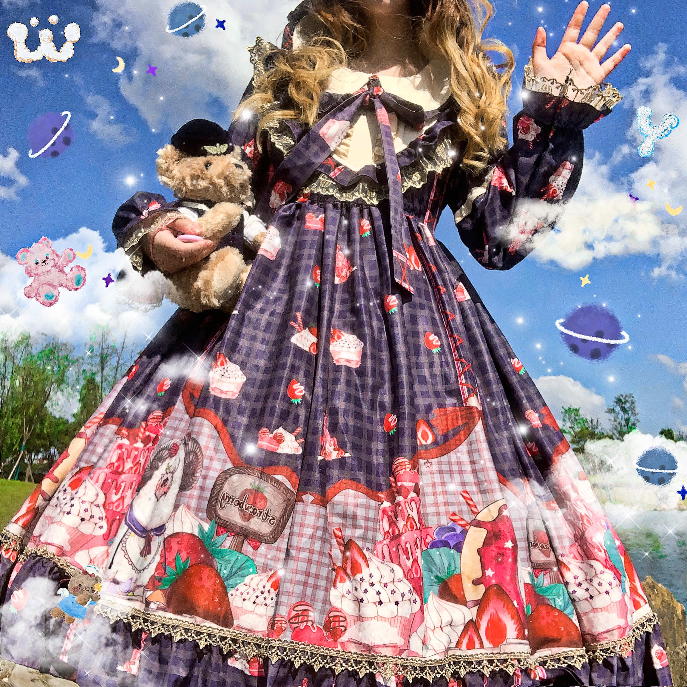 Kawaii girl gothic Lolita japonés retro sweet girl Lolita bowknot vintage, victoriano vestido palaciego lolita op cos: GreyBlue / S