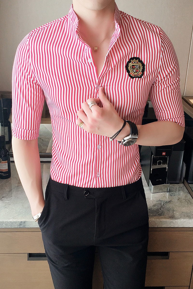 Rayure Chemise hommes demi manches coupe étroite hommes été chemises Chemise Homme Manche Court Camisetas Masculina Camicia Uomo