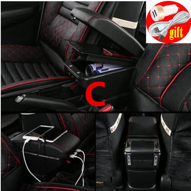 For Fiat 500 armrest box USB Charging heighten Double layer central content holder ashtray accessories: C Black red line