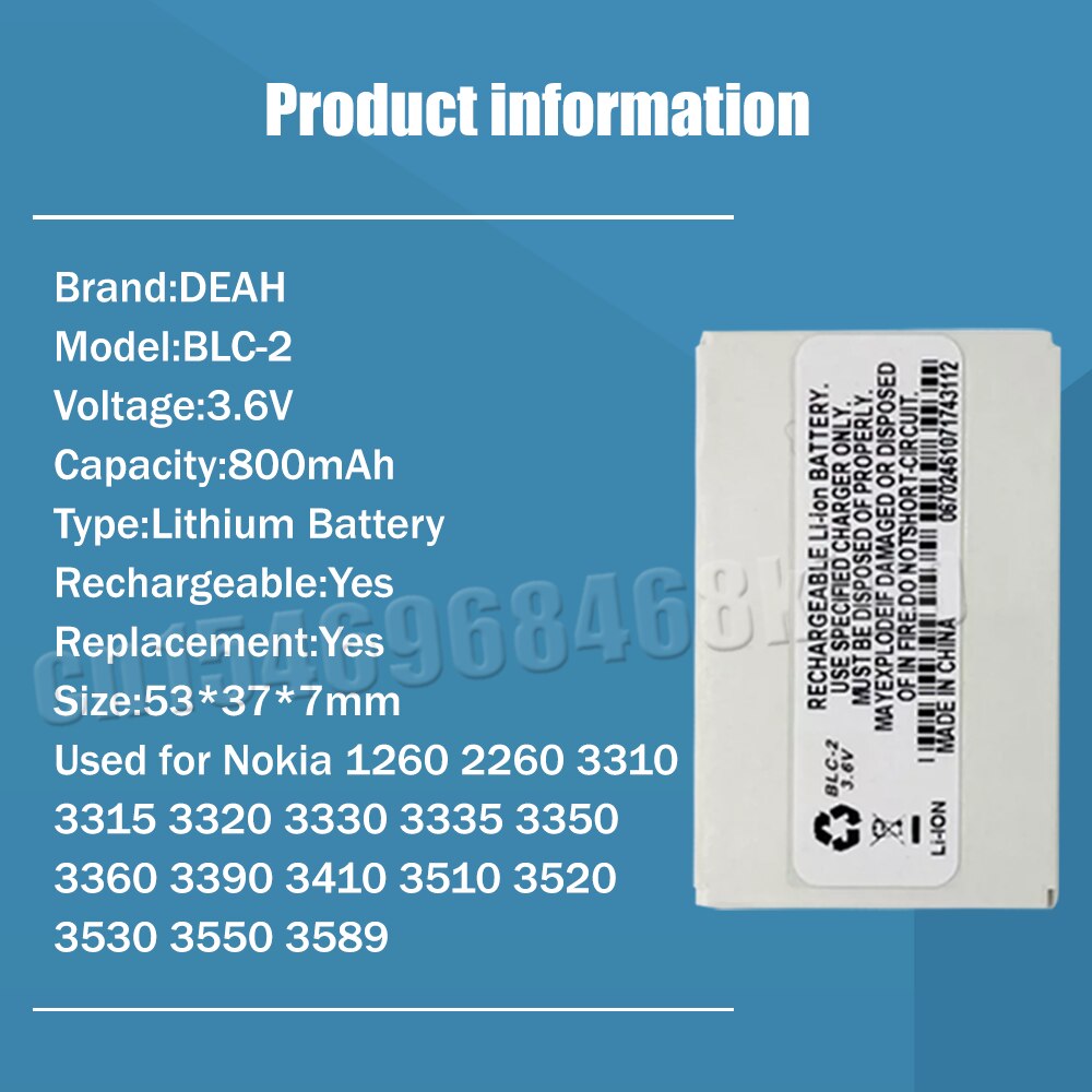 800mAh BLC-2 BLC 2 BLC2 batteria di ricambio per Nokia 3310 3330 3410 3510 3510i 5510 3530 3335 3686 3685 3589 3315