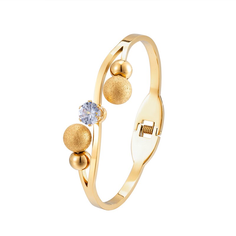 Nuovo braccialetto aperto a molla in Zirconia cubica con sfera in acciaio inossidabile satinato per donna amore regalo di nozze braccialetto gioielli all&#39;ingrosso: Gold color