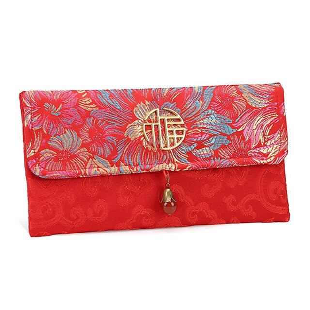 Portefeuille en soie rouge Style chinois , sac de bonne année avec boucle magnétique en Bronze, adapté au Festival du printemps: Foncé Rouge