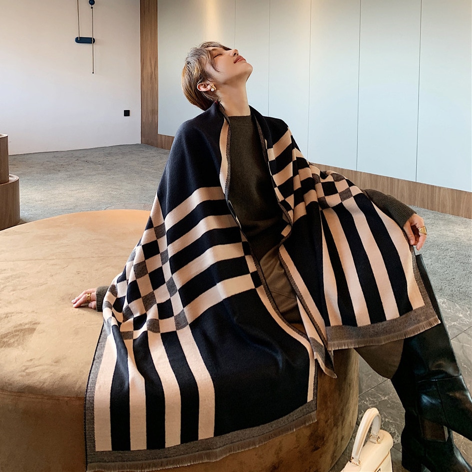 Écharpe de luxe noire à carreaux en cachemire pour femme, épaisse, chaude, enveloppe, Pashmina, pour l&#39;hiver