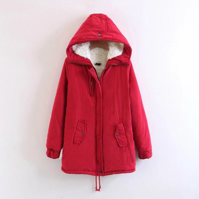 Chaude hiver veste manteau femmes décontracté Parka épaissir laine d'agneau épissure Outwear femme longue fermeture éclair à capuche hiver veste: red / XXL