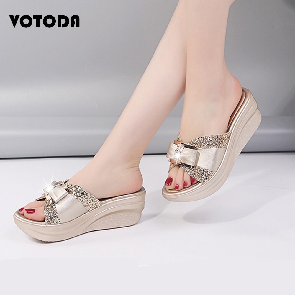 Sommar kvinnor platåskor bling kilar tofflor rosett paljetter flip flops pu läder sandaler skor kvinnlig casual platta skor kvinna