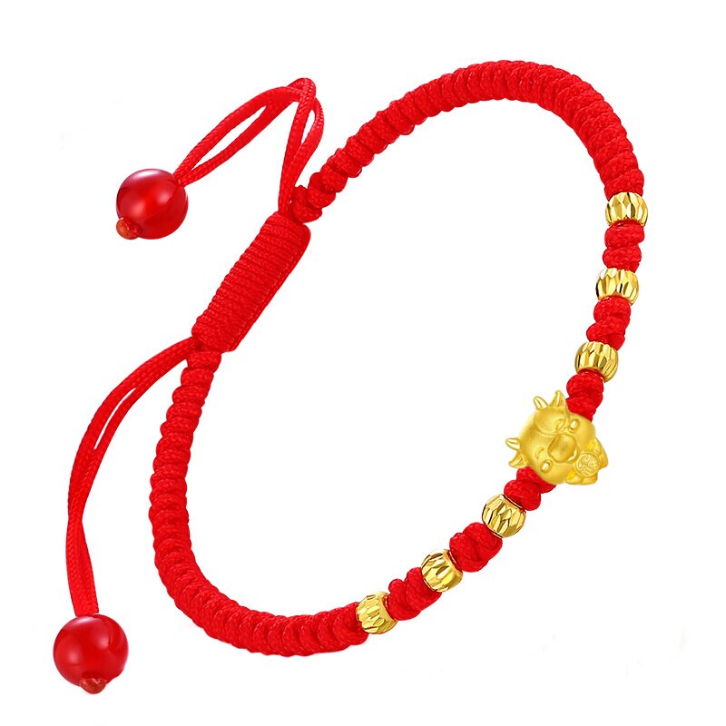 1PCS Real 24K Yellow Gold Chain 3D Year of the Ox Bracelet Good Luck OX Zodiac 6pcs Gold Beads Weaving Women Baby Bracelet