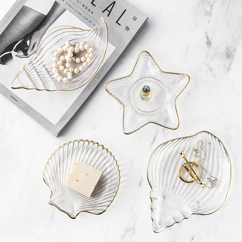 Jewelry Glass Plates and Bowls Set with Glod Rim Nordic Ocean Dessert Fruit Plate Jewelry Storage Tray Decorative Trinket Dish