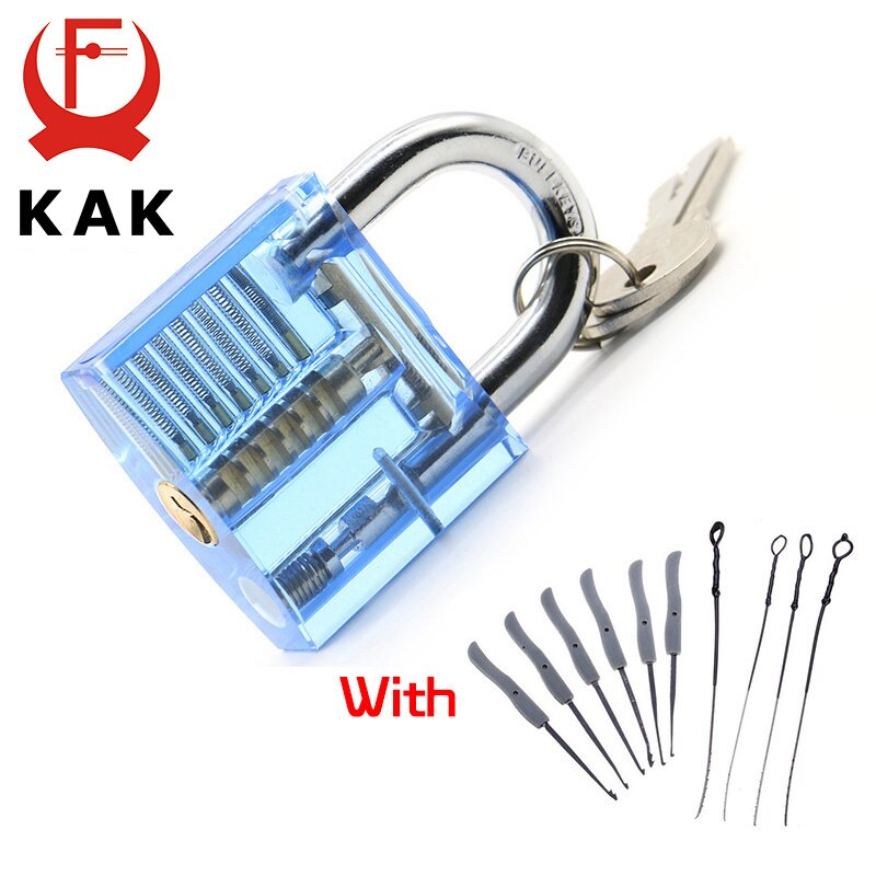 KAK-candado transparente para práctica de corte, candado con llave rota, ganchos de extracción, Juego de Extractor, herramienta de cerrajero, color azul: Set
