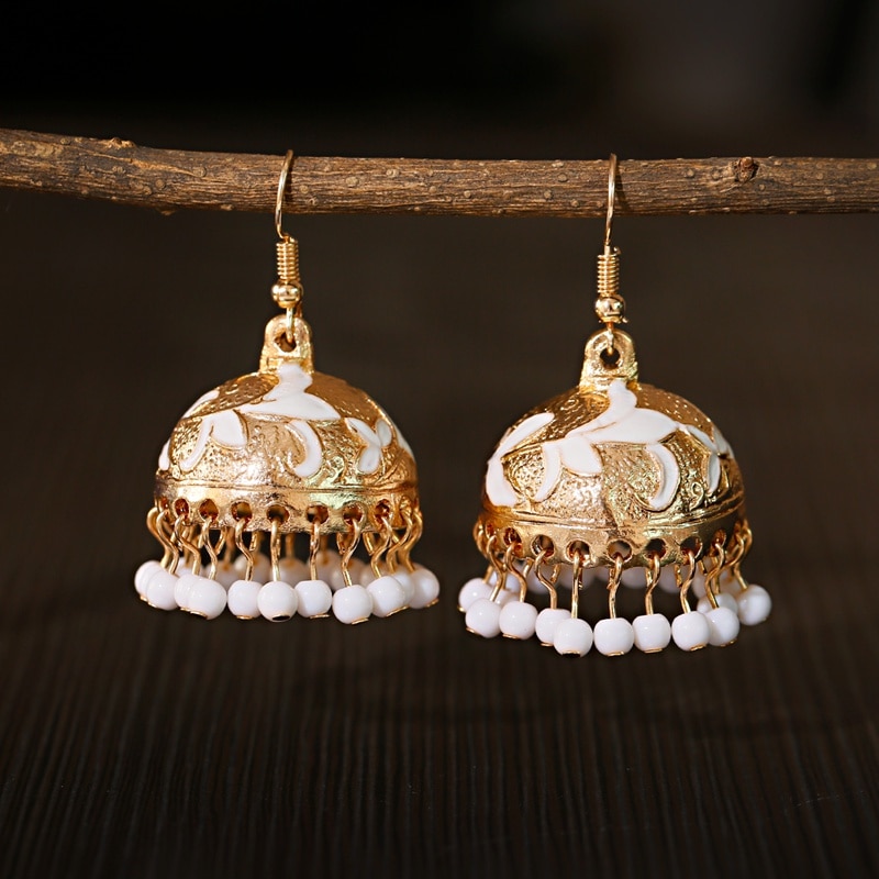 Gypsy Jewelry White Beads Tassel Jhumka Earrings For Women Pendiente Bohemian Ethnic Flower Leaf Shape Bells Earrings