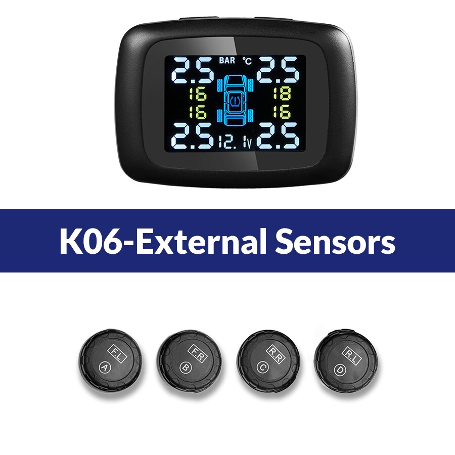 Système de surveillance TPMS de la pression des pneus, capteurs, 4 roues, port USB interne externe, alarme de sécurité automobile, E-ACE: K06-External Sensors