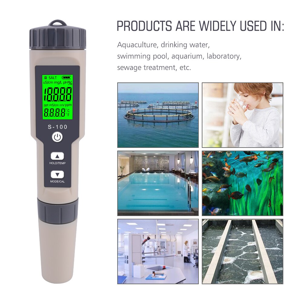 Yieryi S-100 Digital Salinity Meter 4 in 1 TDS/EC/Salinity/TEMP Water Tester with TDS&EC Calibration Solution Buffer