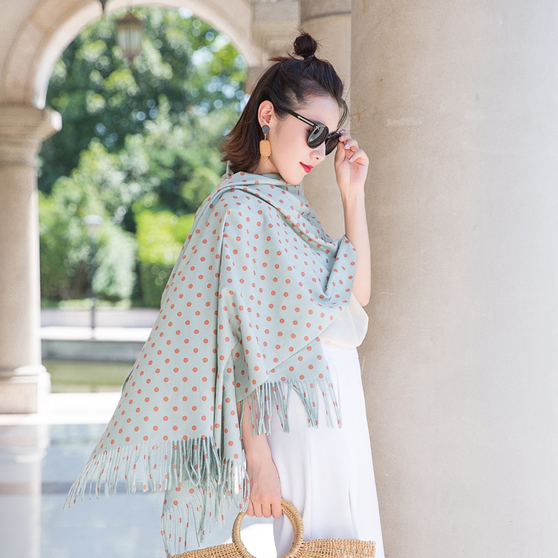 Høst vinter skjerf kvinner sjal dobbeltsidig skjerf faux kasjmir polka punktum lange dusker vinter fast skjerf 70 x 205cm