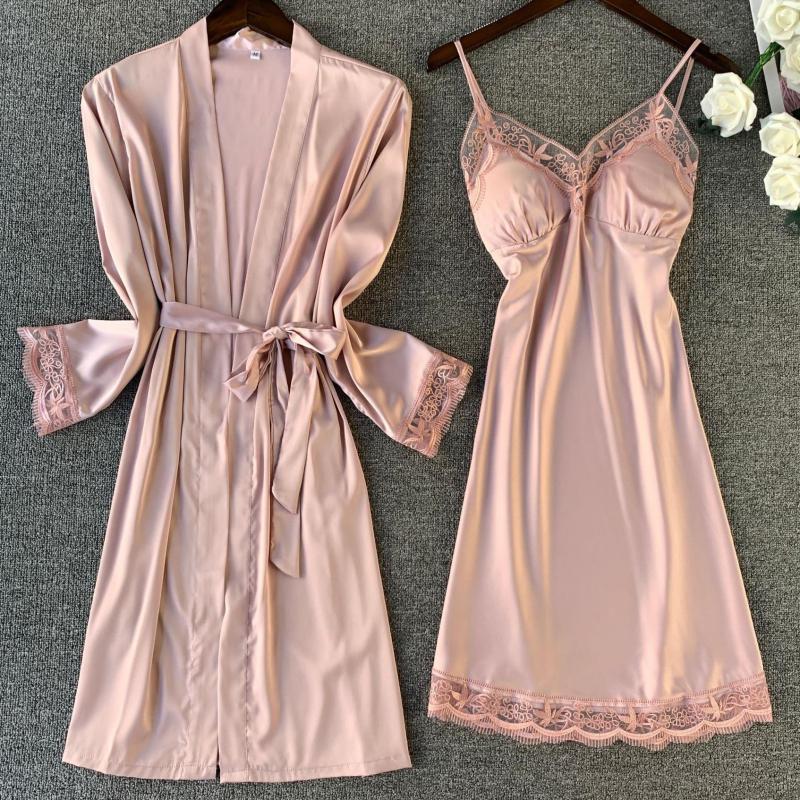 Pink Silk Rayon Nighty&amp;Robe Set Nightgown Sexy Lace Wedding Robe Sleepwear Spring Summer Kimono Bathrobe Gown Loose Home Dress