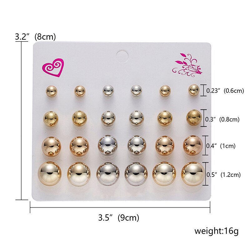 12 Pairs/set Classic Crystal Stud Earring Sets Women's Round Ball Metal Pearl Flower Earrings For Women Girl Mixed Jewelry: 325