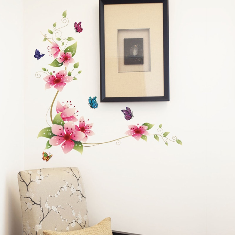 Romantische Bloemen en vlinders Muursticker Home Decoratie slaapkamer woonkamer Achtergrond Muurschildering art Decals poster stickers
