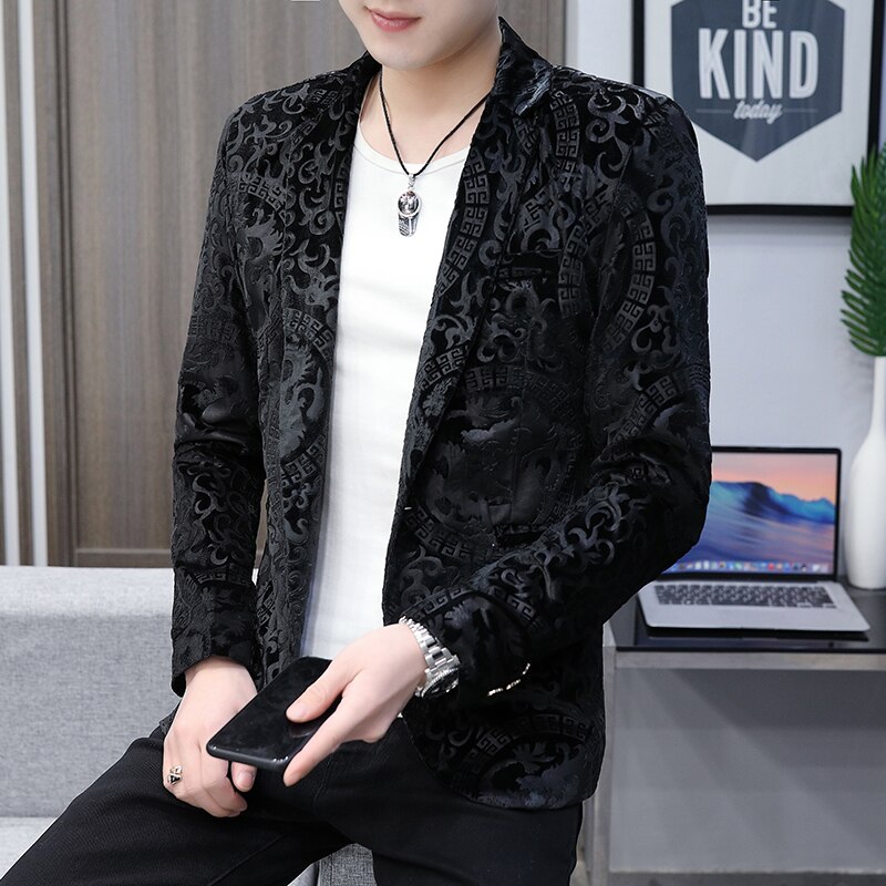 Spring Men's Printed Old Suit Handsome Small Suit for Men's South Korean Sight-fitting Evening Show Small Suit Jacket: black / M