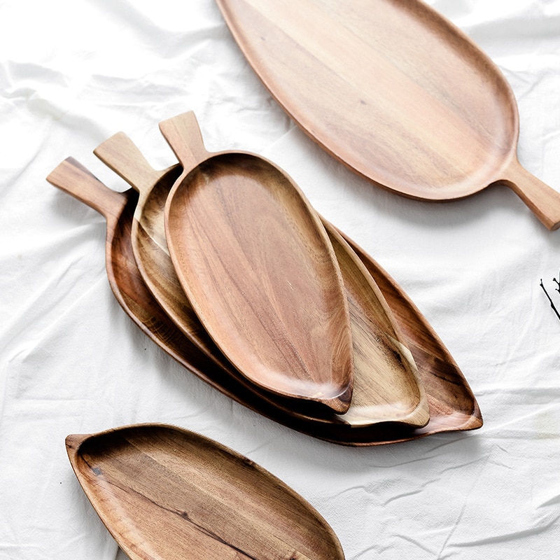 Bandeja de madera maciza con forma de hoja creativa, bandeja para comida, platos para postre, aperitivos, bandeja de té, platos de madera para Pan y pastel, bandejas de almacenamiento