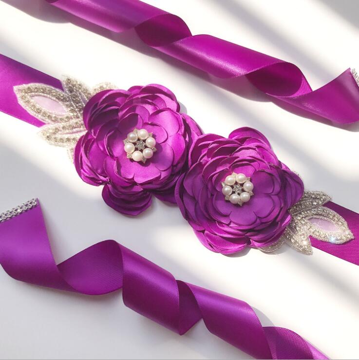 Vintage sidenband 270cm långa bälten stora blommor glänsande löv strass kvinna skärp bälten bröllop brudtillbehör: Lila