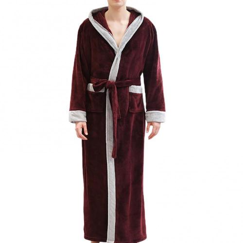 Men's Sleep Autumn Winter Flannel Long Sleeve Maxi Bathrobe Pockets Hooded Sleepwear men Clothing халат мужской: Wine Red / XL