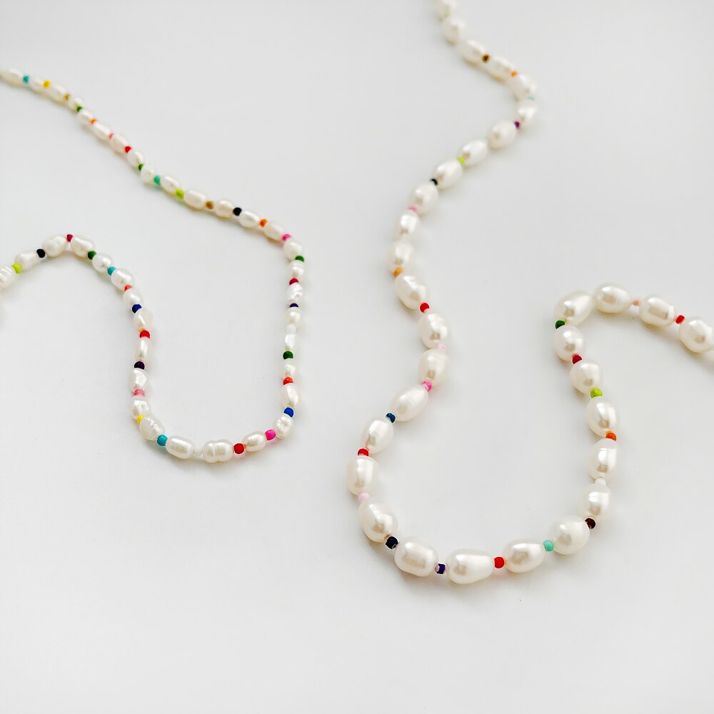 Peri'sbox Pearl Necklace - Rainbow Acrylic Beads & Baroque Freshwater Pearls - Summer Beach Choker for Women