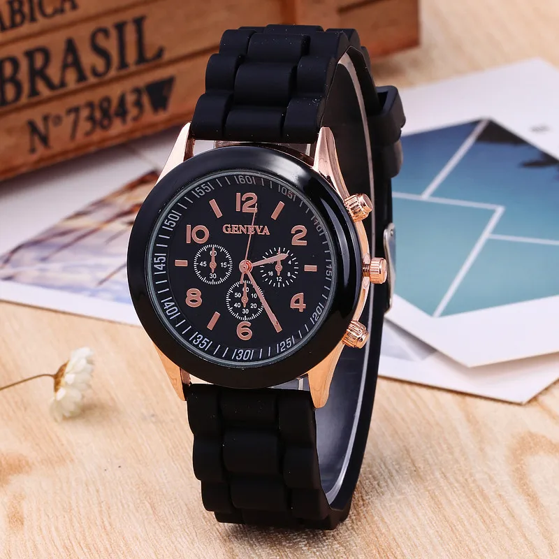 Brand Geneva Ladies Watch Student Silicone Strap Quartz Wristwatch for Women Clock Relogio Feminino: black
