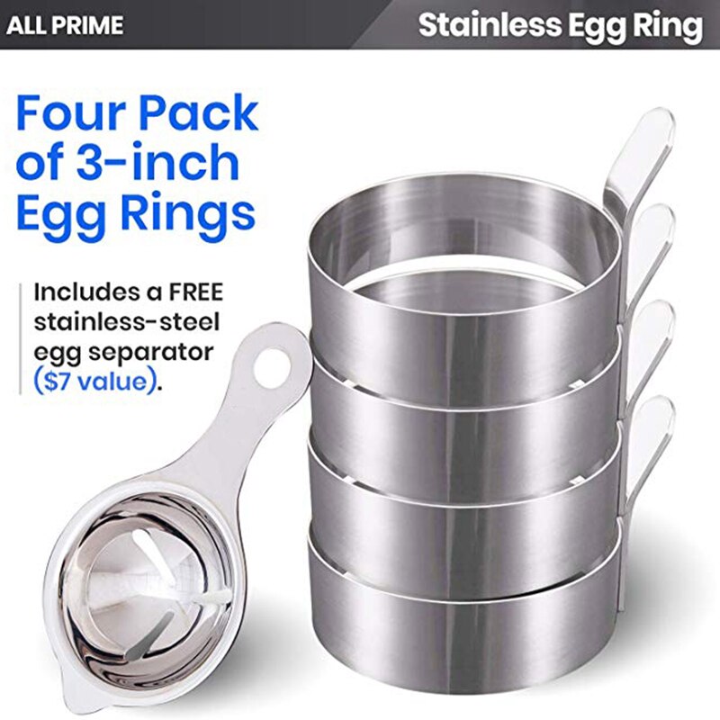 4 stuks roestvrijstalen eierringen voor het bakken van eieren eiervormer antiaanbak kookringen omeletvorm inclusief 1 eierscheider keuken