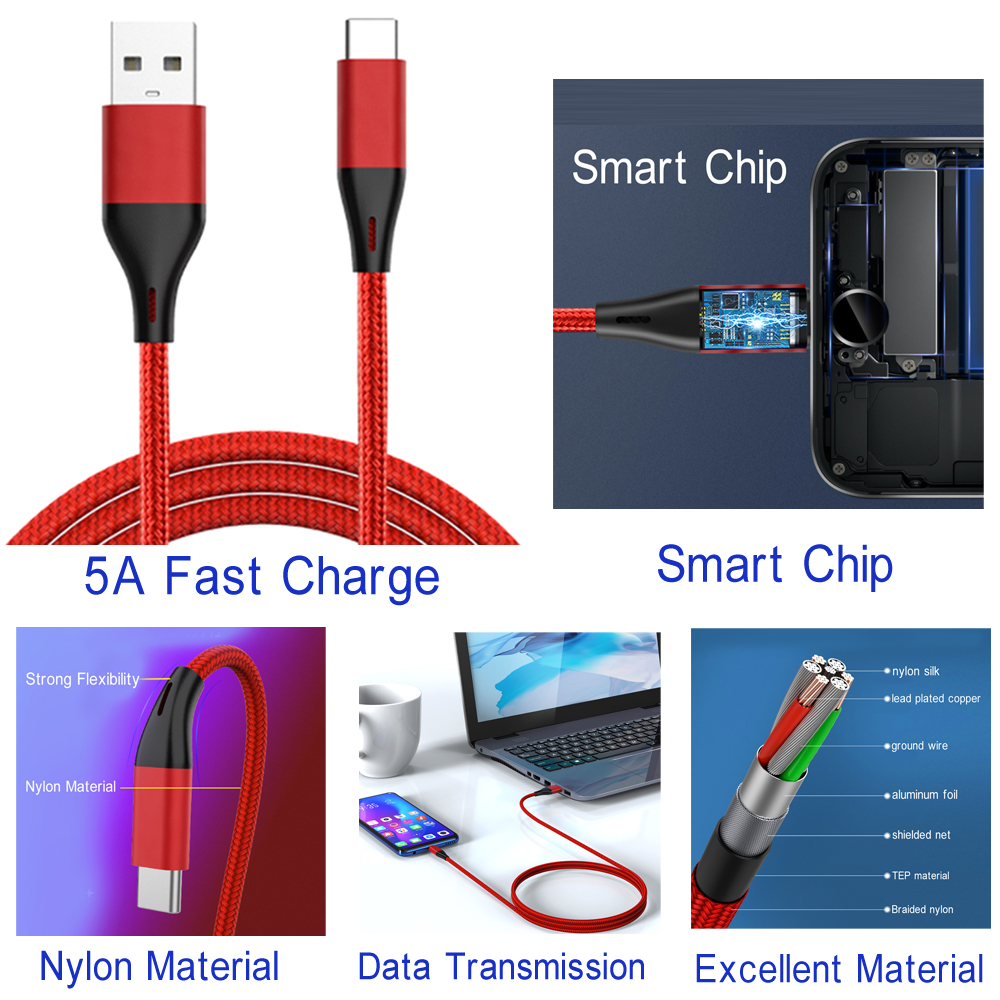 Type C Super-Snelle Kabel Mobiele Telefoon Oplader Kabel 5A Snel Opladen Nylon Gevlochten Draad Micro Interface Gegevensoverdracht