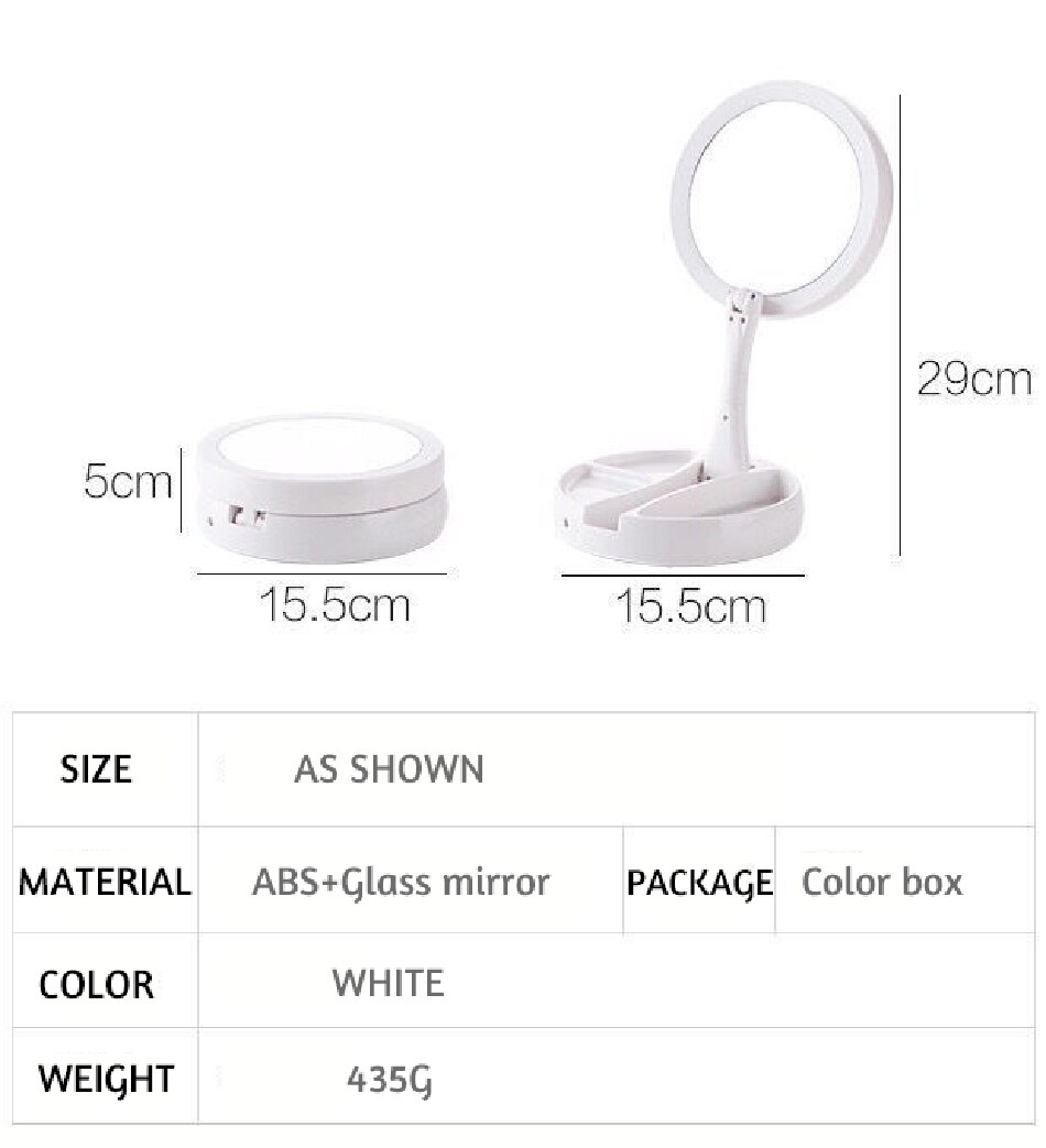 Foldable USB Charging Battery Led Makeup Mirror White Vanity Cosmetic Mirror with Light 10X Magnifying Makeup Storage Mirrors