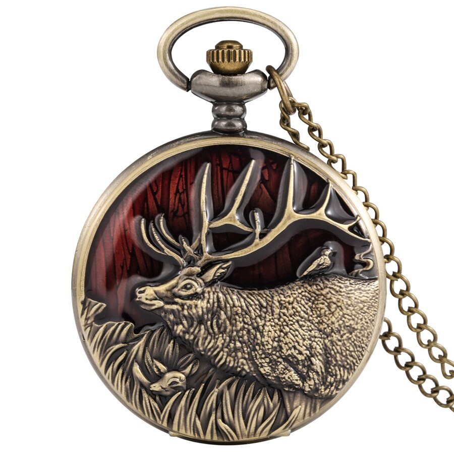 3D Brons Lange Horens Elanden Quartz Zakhorloge Ketting Herten Dier Hanger Ketting Klok Analoge Fob Steampunk Klok: Elk