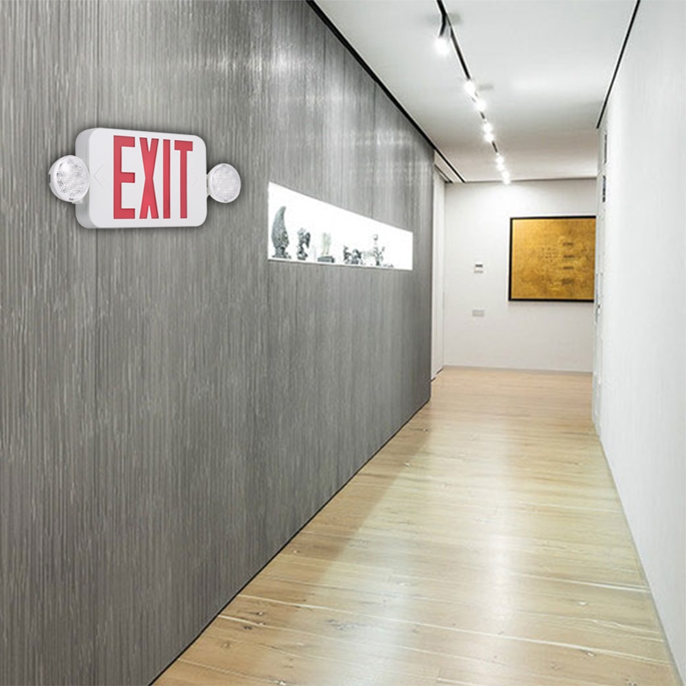 LEDs Emergency Light Red Exit Sign with Adjustable Two Head Backup Batterys Wall Ceiling Mount for Stairway Hallway Room
