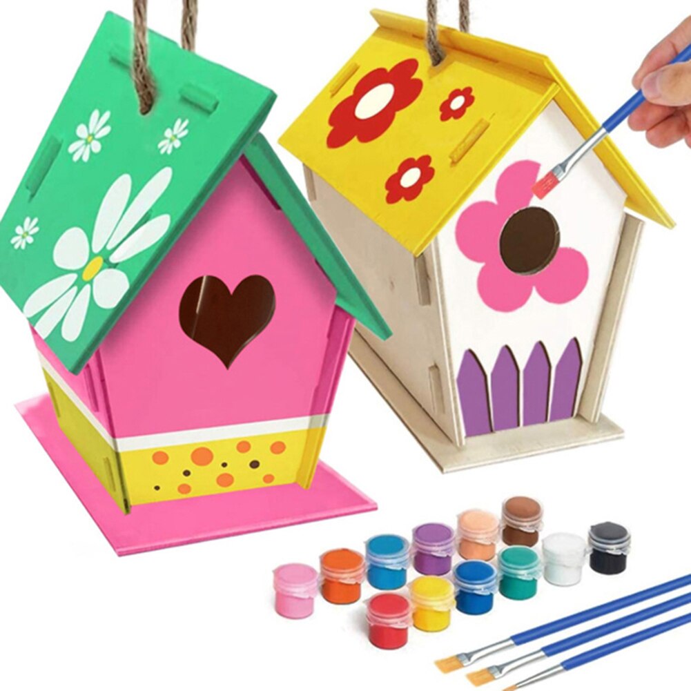 Outdoor Birdhouse Kit DIY Birds House Kit with Paint and Pen for Kids Children FPing