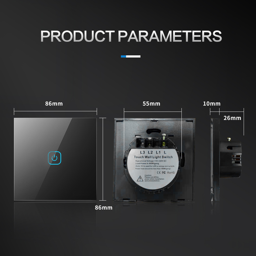 Touch Switch EU Standard 220 V Power Led Tempered Crystal Glass Panel 1/2/3 Gang 1 Way Wall Lamp Light Sensor Switches on Off