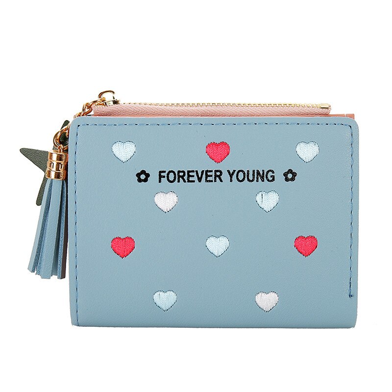 Wallet Women Newest Heart Tassel Leather Wallet Female Wallet Zipper Solid Lady Purse Card Holder Bag: blue
