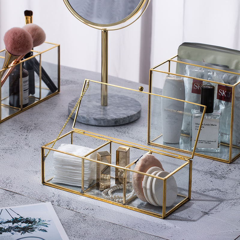 Klassisk europæisk glas makeup organizer med gylden dækket kant badeværelse makeup organizer make up produkter kosmetisk organizer