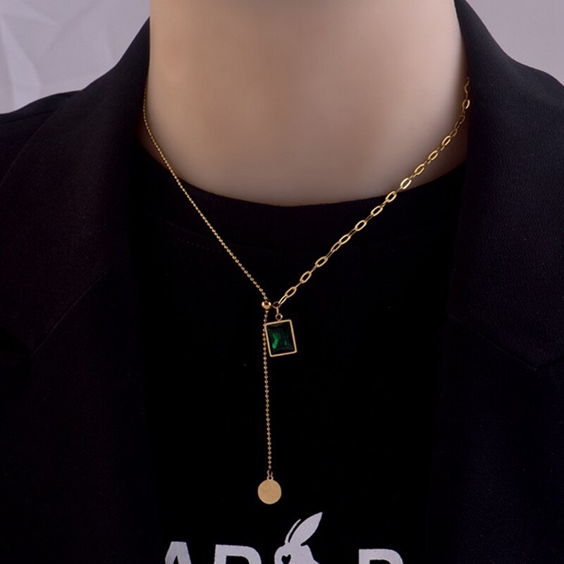 Meyrroyu stainless steel green rhinestone pendant necklace for women geometric chain trend new party jewelry