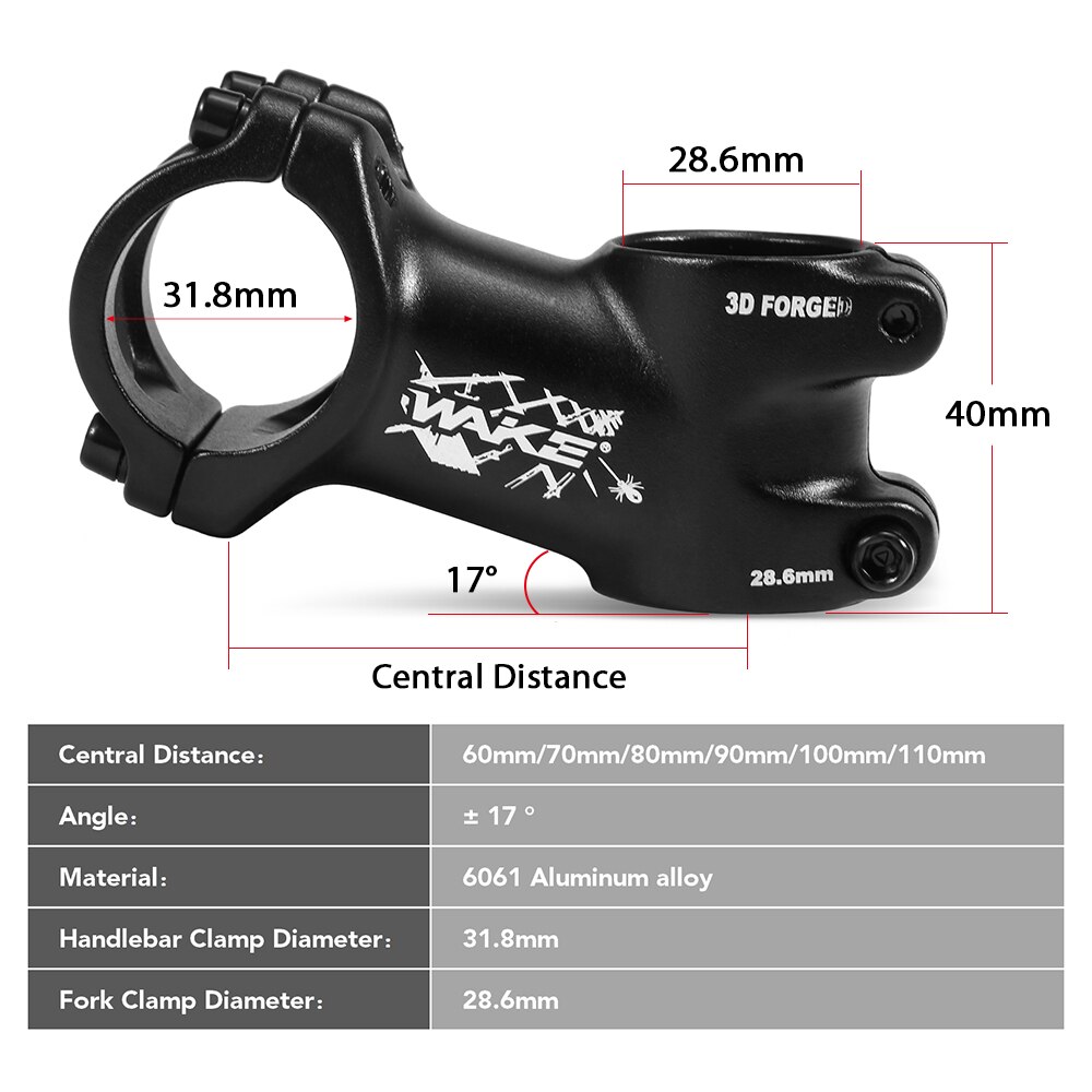 WAKE Bicycle Stem Ultralight Bicycle Stem 17 Degree Mountain Road Bike Stem for 31.8mm Handlebar Stem 110mm 90mm 70mm 60mm