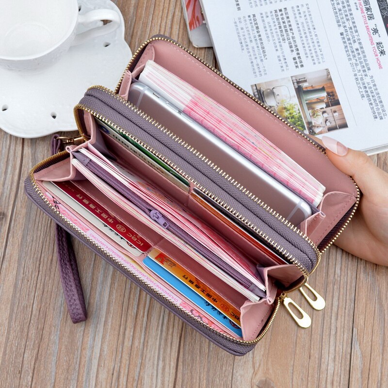 Femmes grande capacité portefeuille en cuir pochette Double fermetures à glissière bracelet porte-cartes de sac à main téléphone poche longue sac à main dames Carteras