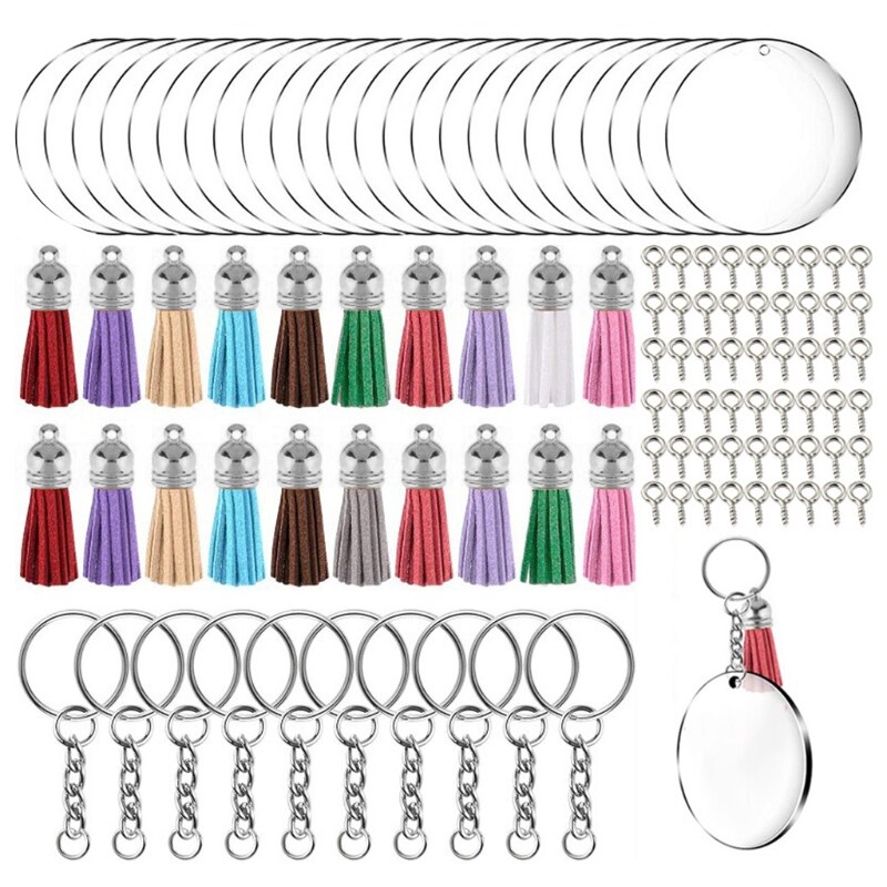 200 Pcs Acryl Sleutelhanger Blanks Kit Met Sleutel Jump Rings Ronde Clear Discs Cirkels Kleurrijke Kwastje Hangers Voor Diy