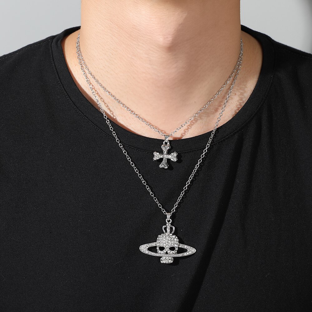 Gootti kallo risti saturn riipus kaulakorut naisille miehille hip hop täysi strassiketju choker metalli korut halloween: Default Title