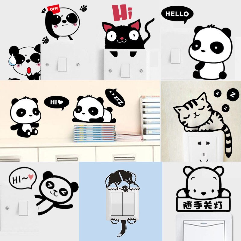 Verkoop 1 Stuk Verwijderbare Pvc Cartoon Kat Panda Leuke Schakelaar Sticker Dieren Wc Sticker Home Decoratie