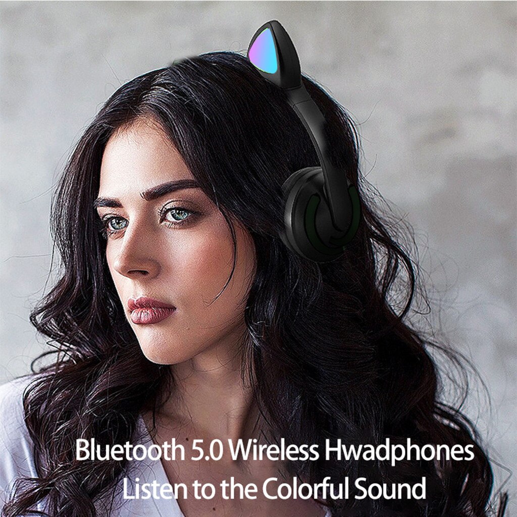 LED Cat Ear Noise Cancelling Headphones Bluetooth 5.0 LED Light Foldable Adjustable Headset 3.5mm Plug With Mic