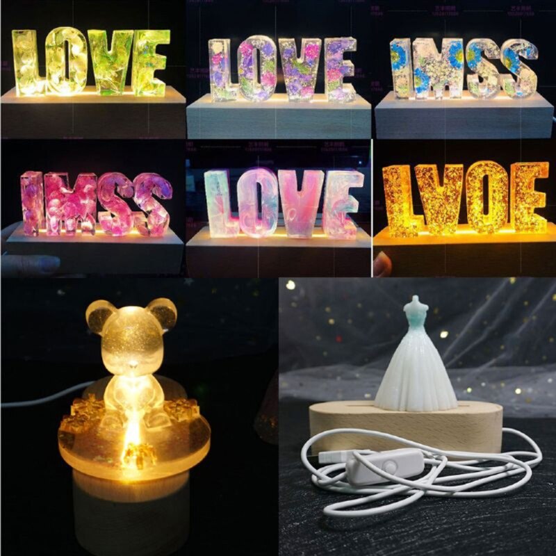 Handmade Resin Art Wood Round LED Display Base Colorful Light Wooden Night Base Resin Display Ornament Stand DIY Crafts