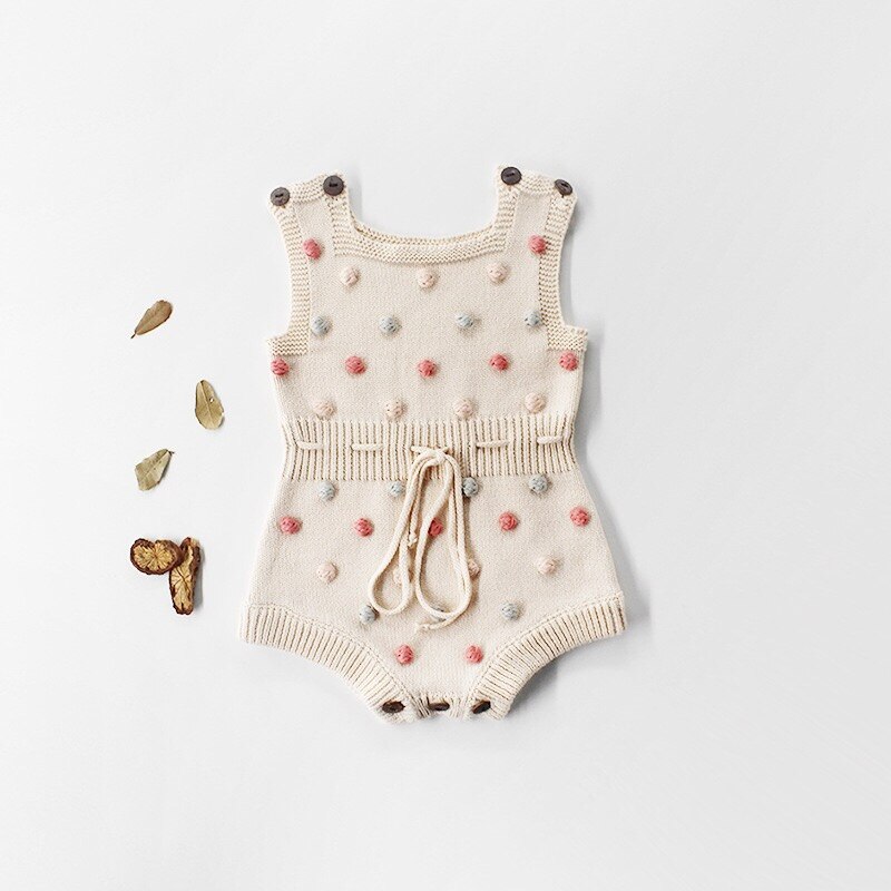 Gebreide romper baby herfst baby jumpsuit overall mouwloos baby jongenskleding knoop romper kleurrijke bobbel schattige babykleding: Beige / 18m