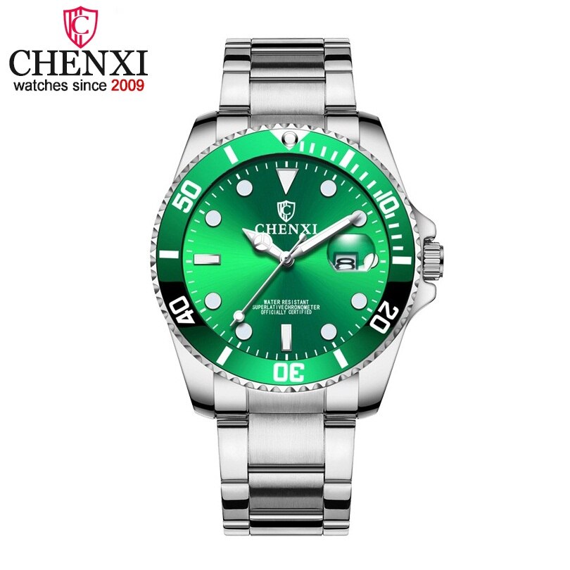 Chenxi herreure mænds forretningskvartsur vandtæt ur mandlige ure i rustfrit stål relogio masculino: Sølvgrøn
