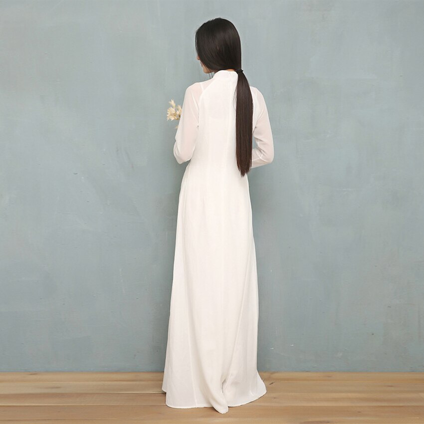 Vestido blanco liso de gasa para mujer, Cheongsams chinos de manga larga, estilo Oriental, 2022