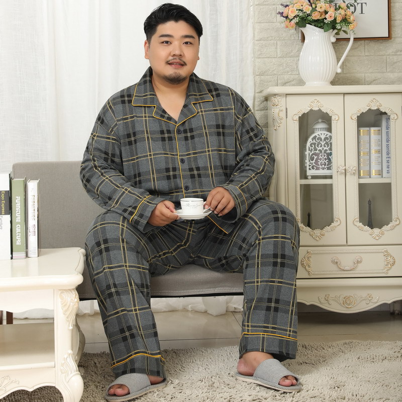 Autumn Men's Plus Fat Large Size Cotton Pajamas Set Male Fat Guy Lapel Long Sleeve Home Wear Pijama Suit Micro-elasticity 5XL: Deep gray grid 388 / 5XL