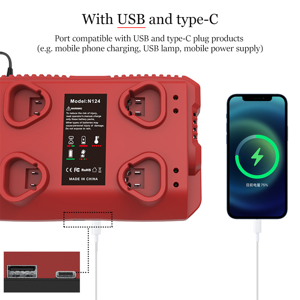 Suitable for Milwaukee M12 N12 lithium ion battery charger N124-4 charging 12A144W fast charging with USB and Typec output ports