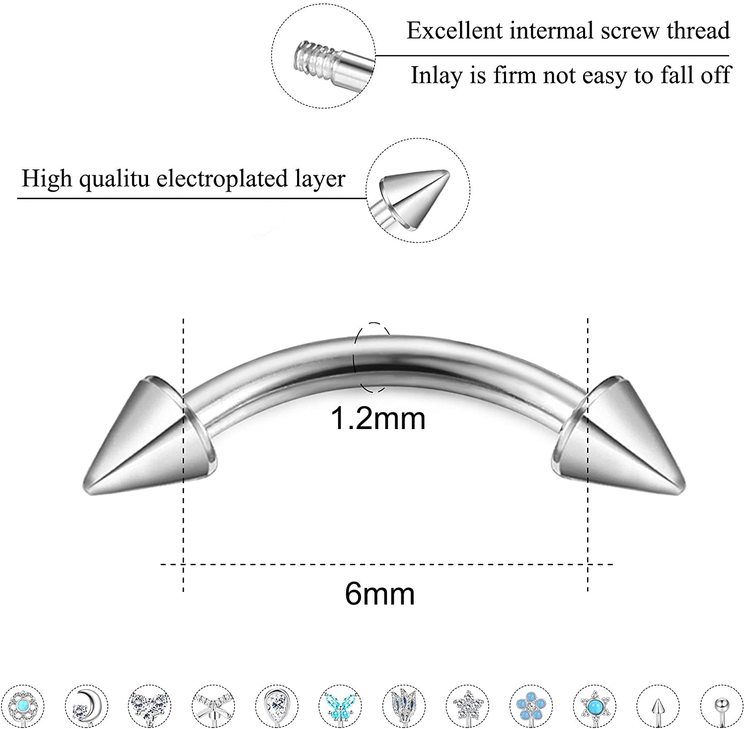 1Pcs 16G Rook Daith Earrings Stainless Steel Belly Lip Ring Cartilage Tragus CZ Body Piercing Curved Barbell Eyebrow Rings 6MM
